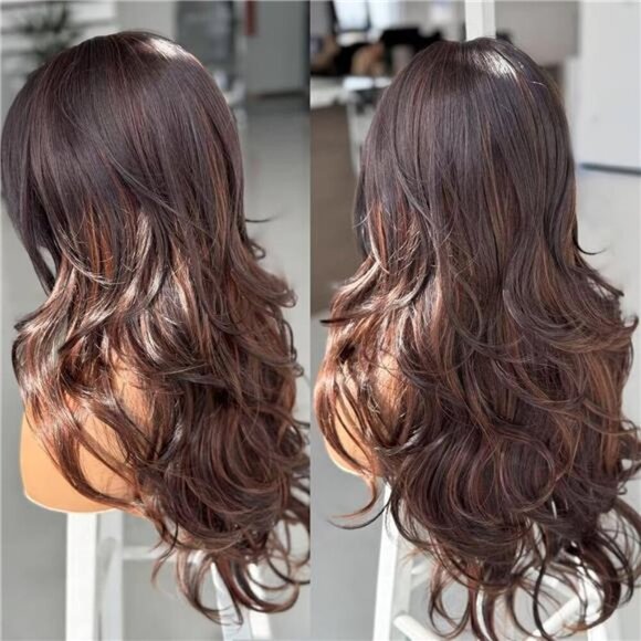 Highlight Ombre Brown Layered Wavy Wig With Curtain Bangs - Picture 3 of 6